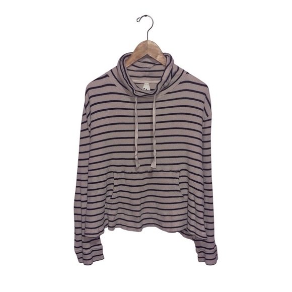 Pact Sweater Women's Size Extra Large Tan Black Striped Waffle Cowl Neck Cotton - Picture 1 of 7